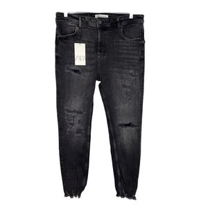 NWT  ZARA Black Distressed Raw Hem Tapered Fit Ripped Jeans      Size:  36